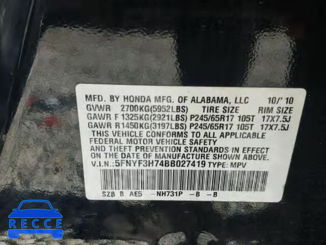 2011 HONDA PILOT EXLN 5FNYF3H74BB027419 image 9