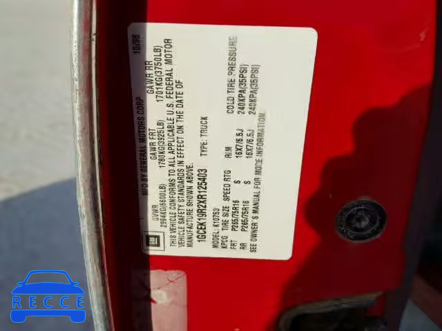 1999 CHEVROLET K1500 1GCEK19R2XR125403 Bild 9