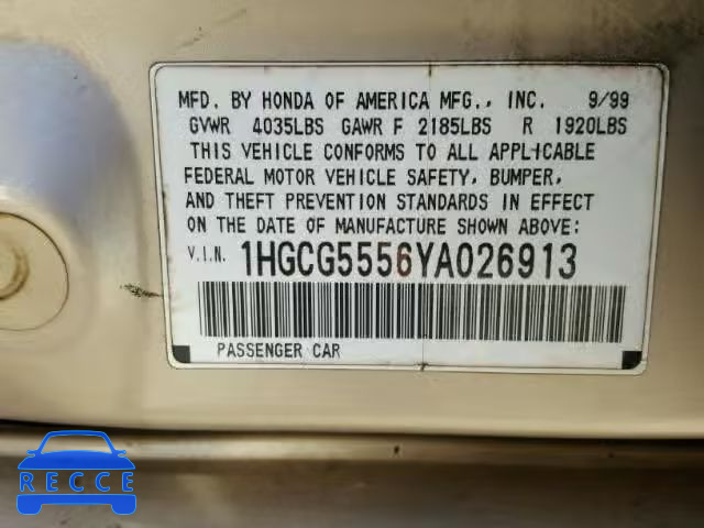 2000 HONDA ACCORD EX 1HGCG5556YA026913 image 9