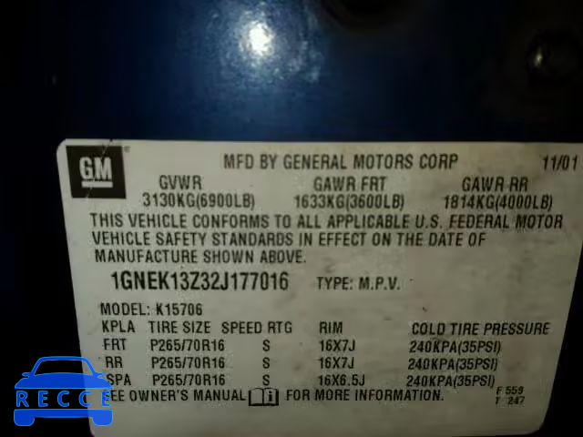 2002 CHEVROLET TAHOE K150 1GNEK13Z32J177016 image 9