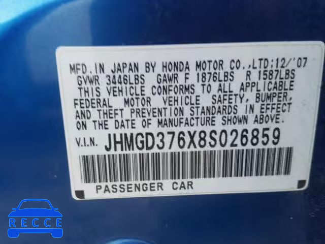 2008 HONDA FIT SPORT JHMGD376X8S026859 image 9