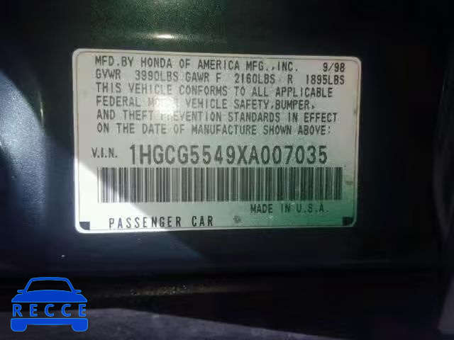 1999 HONDA ACCORD LX 1HGCG5549XA007035 image 9