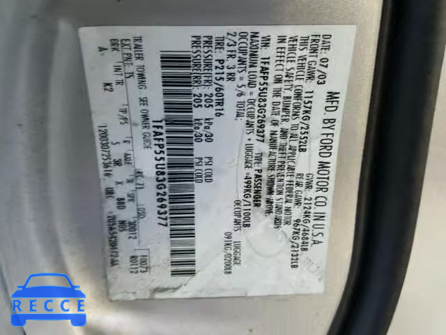 2003 FORD TAURUS SES 1FAFP55U83G269377 image 9