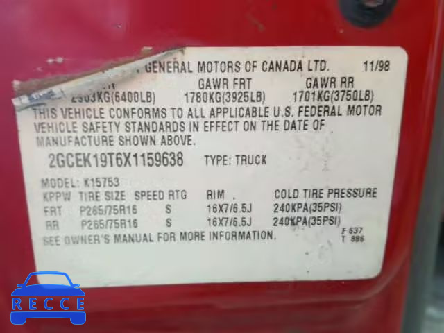 1999 CHEVROLET SILVERADO 2GCEK19T6X1159638 image 9