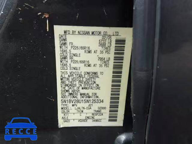2005 NISSAN QUEST S/SE 5N1BV28U15N125334 Bild 9