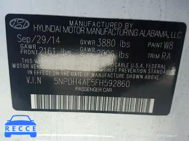 2015 HYUNDAI ELANTRA SE 5NPDH4AE5FH592860 image 9