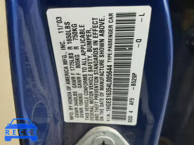 2004 HONDA CIVIC DX V 1HGES16354L005644 image 9