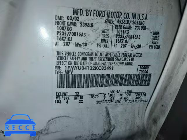 2002 FORD ESCAPE XLT 1FMYU04132KC83491 image 9