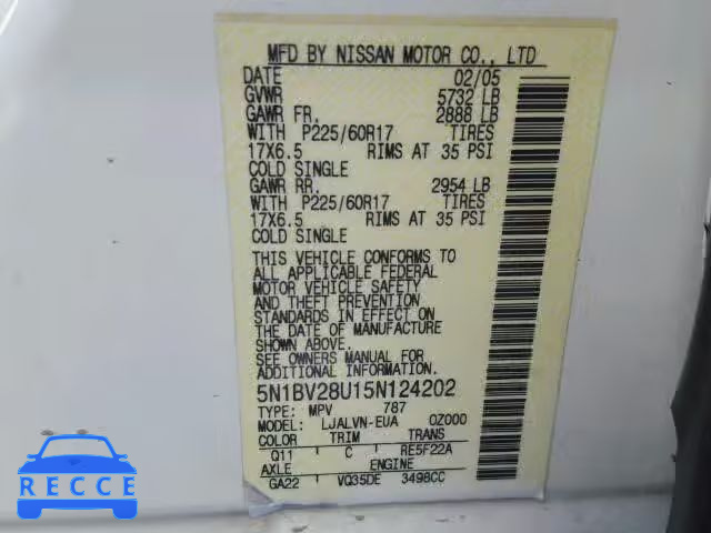 2005 NISSAN QUEST S/SE 5N1BV28U15N124202 Bild 9