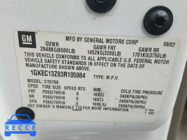 2003 GMC YUKON 1GKEC13Z83R105984 зображення 9