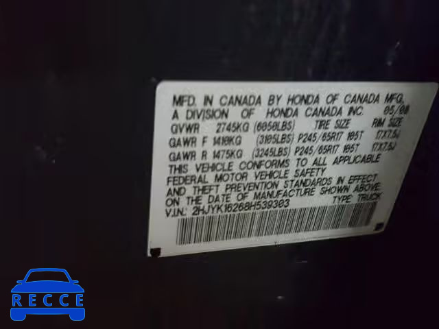 2008 HONDA RIDGELINE 2HJYK16268H539303 Bild 9