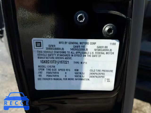 2001 GMC YUKON 1GKEC13T31J167221 зображення 9