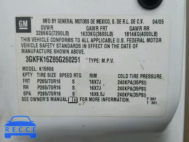 2005 GMC YUKON XL K 3GKFK16Z85G260251 image 9