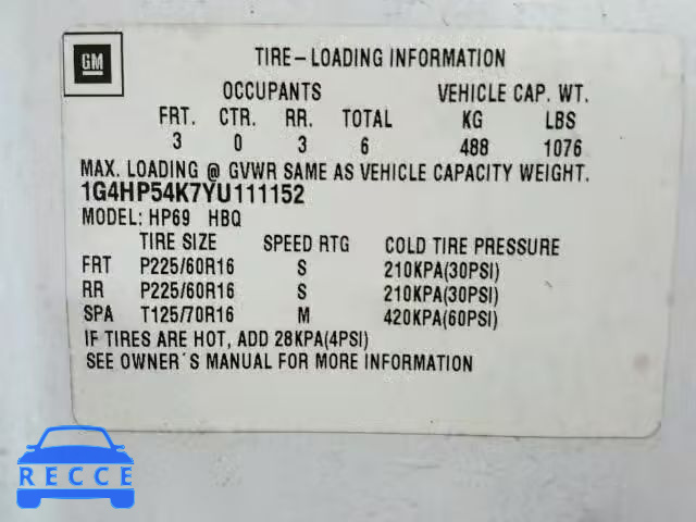 2000 BUICK LESABRE CU 1G4HP54K7YU111152 image 9