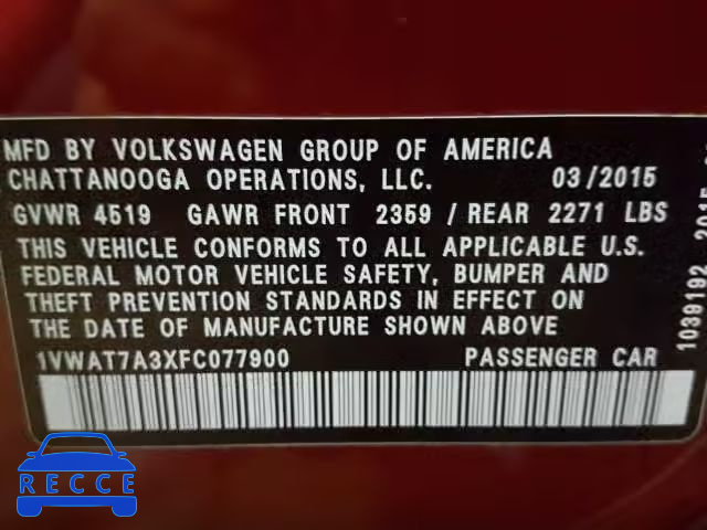 2015 VOLKSWAGEN PASSAT S 1VWAT7A3XFC077900 image 9