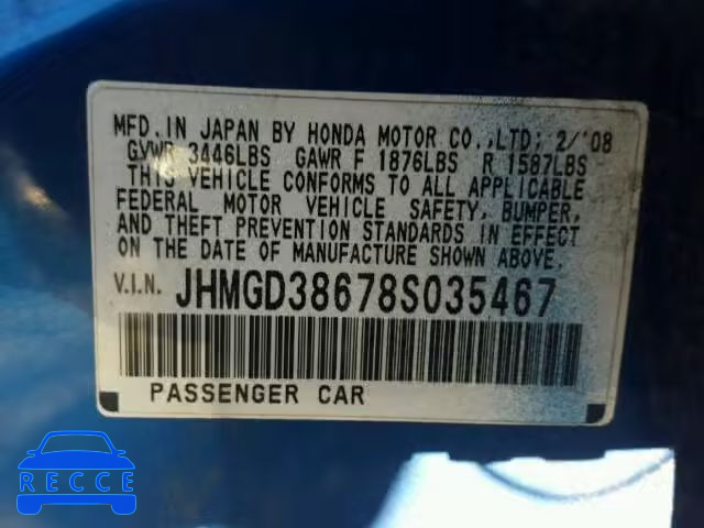 2008 HONDA FIT SPORT JHMGD38678S035467 image 9