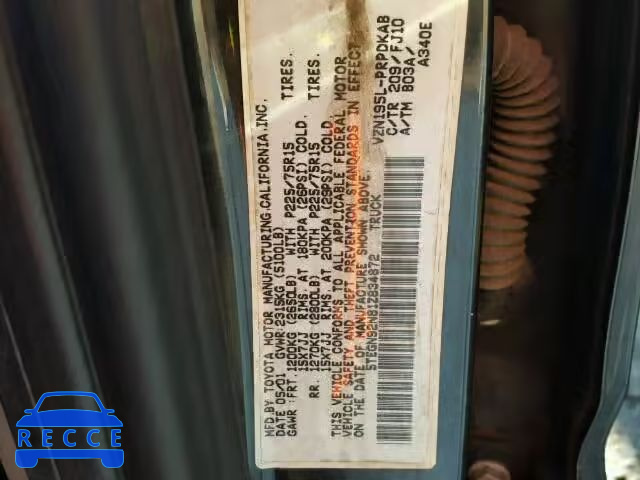 2001 TOYOTA TACOMA PRE 5TEGN92N81Z834872 image 9