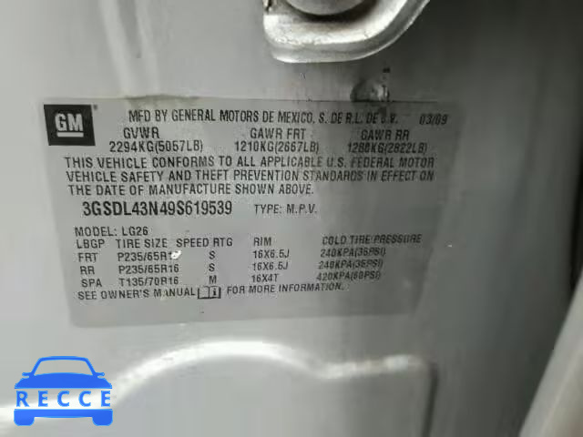 2009 SATURN VUE XE 3GSDL43N49S619539 image 9