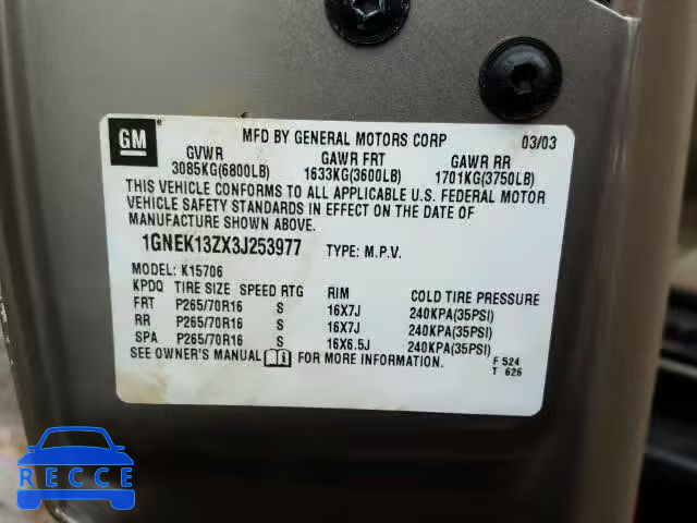 2003 CHEVROLET TAHOE K150 1GNEK13ZX3J253977 image 9