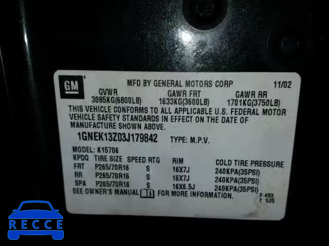 2003 CHEVROLET TAHOE K150 1GNEK13Z03J179842 image 9