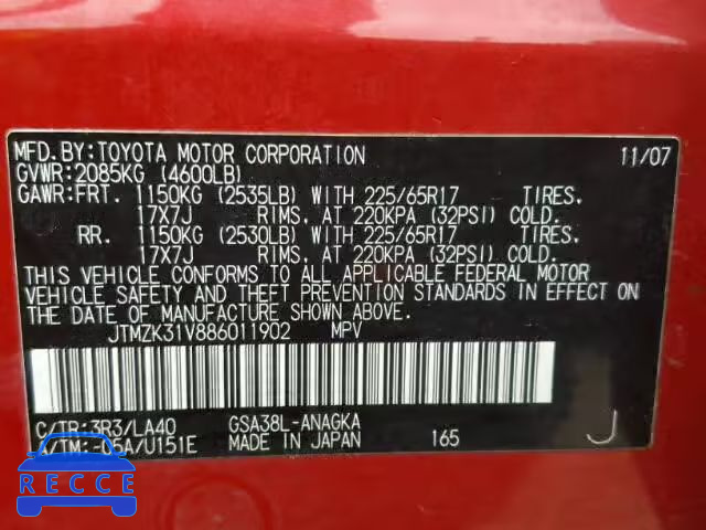 2008 TOYOTA RAV4 LTD JTMZK31V886011902 image 9