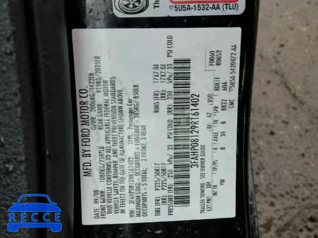 2009 FORD FUSION SEL 3FAHP08129R161402 зображення 9