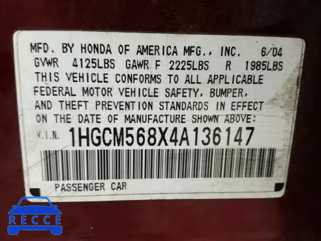 2004 HONDA ACCORD EX 1HGCM568X4A136147 image 9