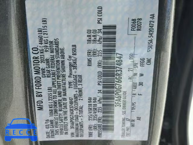 2016 FORD FUSION S 3FA6P0G76GR374847 image 9