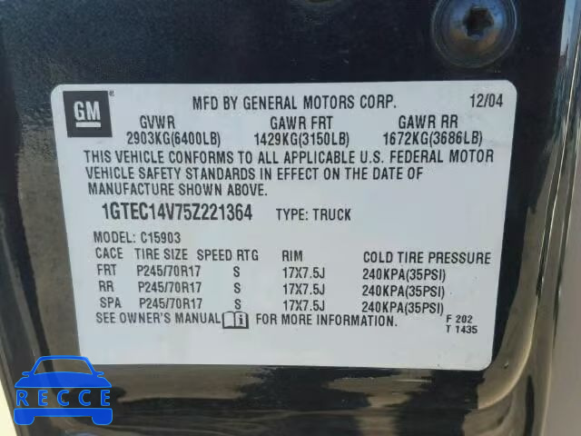 2005 GMC SIERRA C15 1GTEC14V75Z221364 image 9