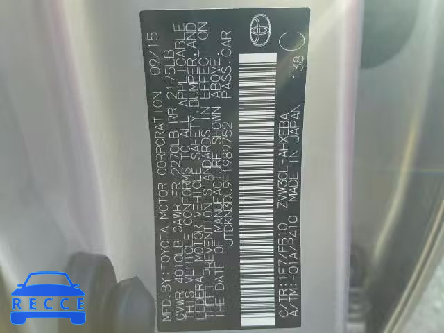 2015 TOYOTA PRIUS JTDKN3DU9F1989752 image 9