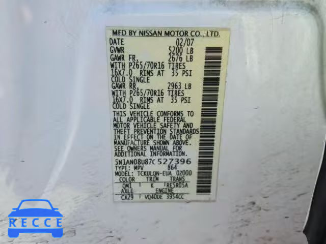 2007 NISSAN XTERRA 4.0 5N1AN08U87C527396 image 9