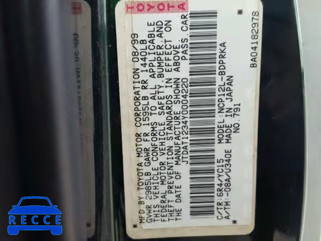 2000 TOYOTA ECHO JTDAT1234Y0004220 image 9