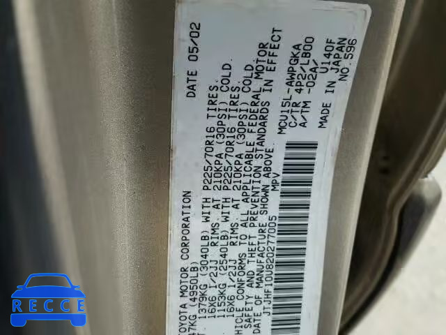 2002 LEXUS RX 300 JTJHF10U820277005 image 9