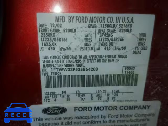 2003 FORD F350 SUPER 1FTWW33P53EB64208 image 9