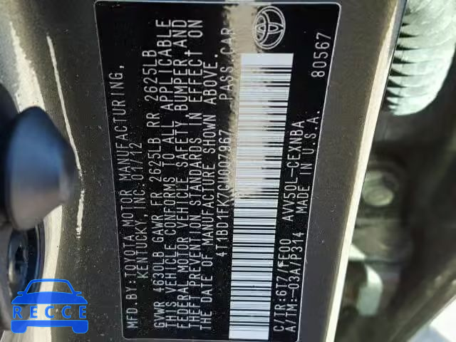 2012 TOYOTA CAMRY HYBR 4T1BD1FK7CU007967 image 9