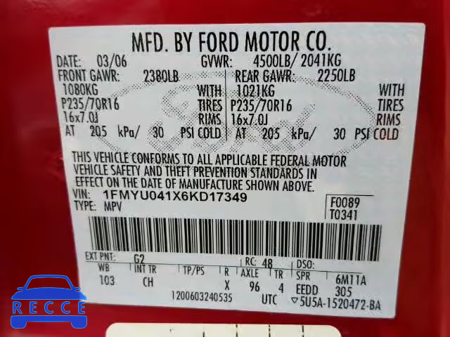 2006 FORD ESCAPE LIM 1FMYU041X6KD17349 image 9