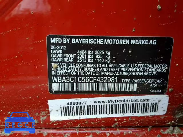 2012 BMW 328I SULEV WBA3C1C56CF432981 Bild 9
