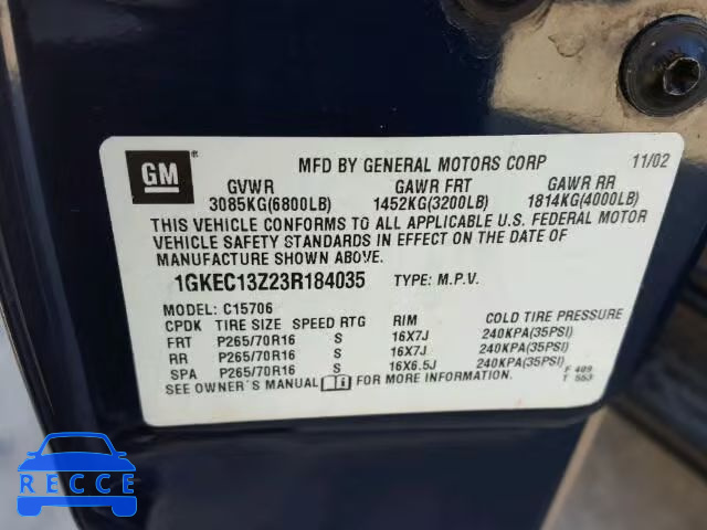 2003 GMC YUKON 1GKEC13Z23R184035 image 9