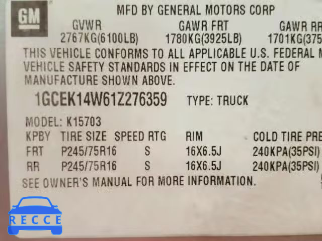 2001 CHEVROLET SILVERADO 1GCEK14W61Z276359 image 9