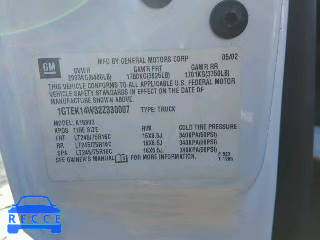 2002 GMC SIERRA K15 1GTEK14W32Z330007 image 9