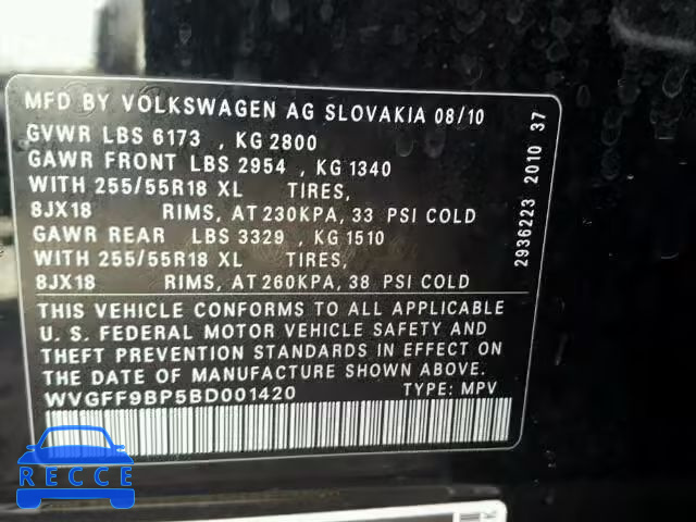 2011 VOLKSWAGEN TOUAREG V6 WVGFF9BP5BD001420 зображення 9