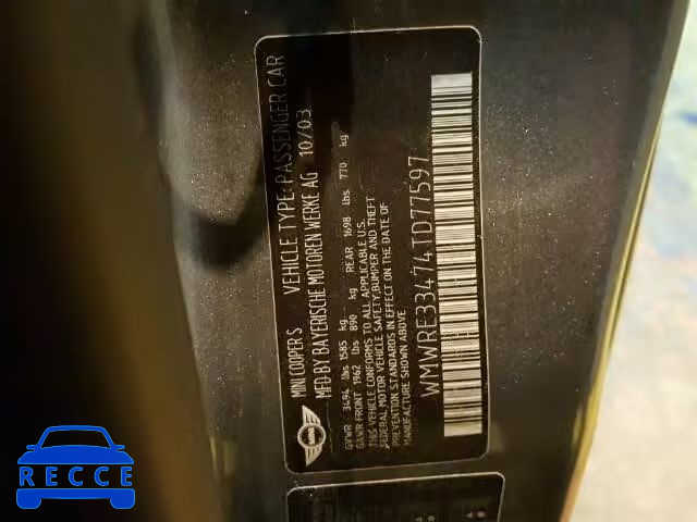 2004 MINI COOPER S WMWRE33474TD77597 image 9