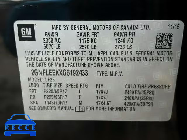 2016 CHEVROLET EQUINOX LS 2GNFLEEKXG6192433 image 9