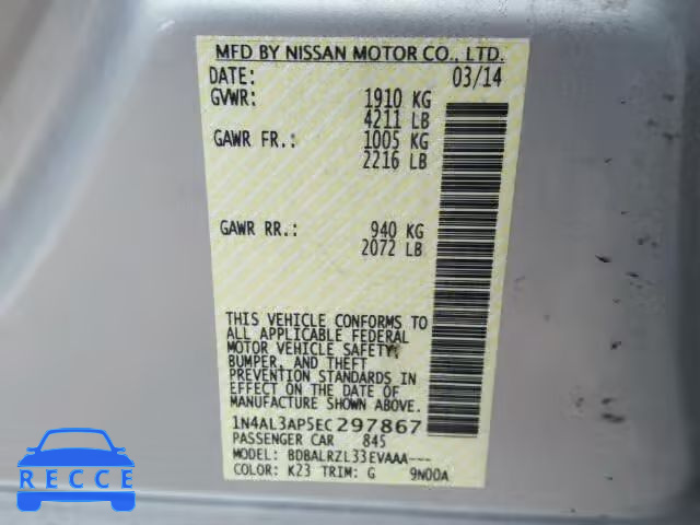 2014 NISSAN ALTIMA 2.5 1N4AL3AP5EC297867 Bild 9