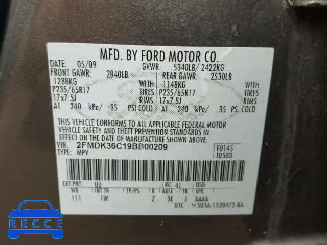 2009 FORD EDGE SE 2FMDK36C19BB00209 image 9