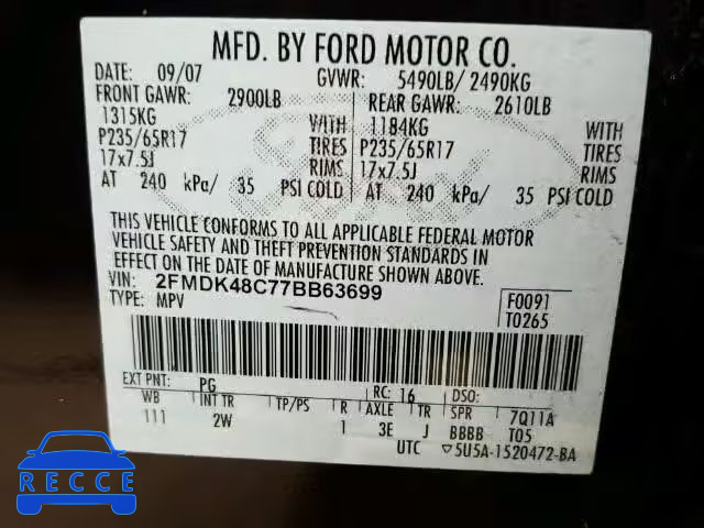 2007 FORD EDGE SEL A 2FMDK48C77BB63699 зображення 9