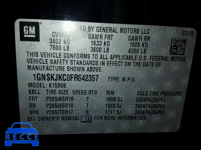 2015 CHEVROLET K1500 SUBU 1GNSKJKC0FR642357 image 9