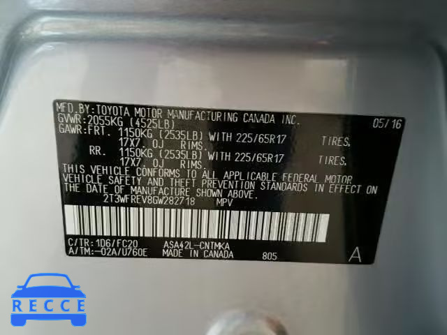 2016 TOYOTA RAV4 XLE 2T3WFREV8GW282718 зображення 9