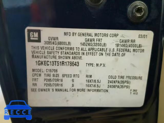 2001 GMC YUKON 1GKEC13T51R178643 Bild 9