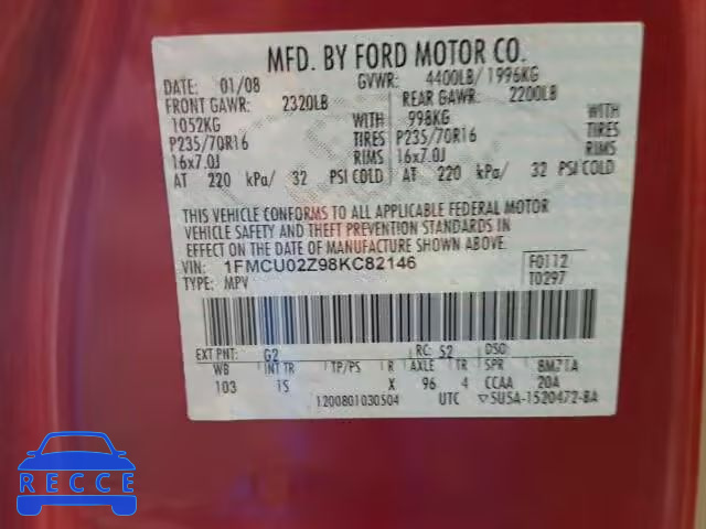 2008 FORD ESCAPE XLS 1FMCU02Z98KC82146 зображення 9